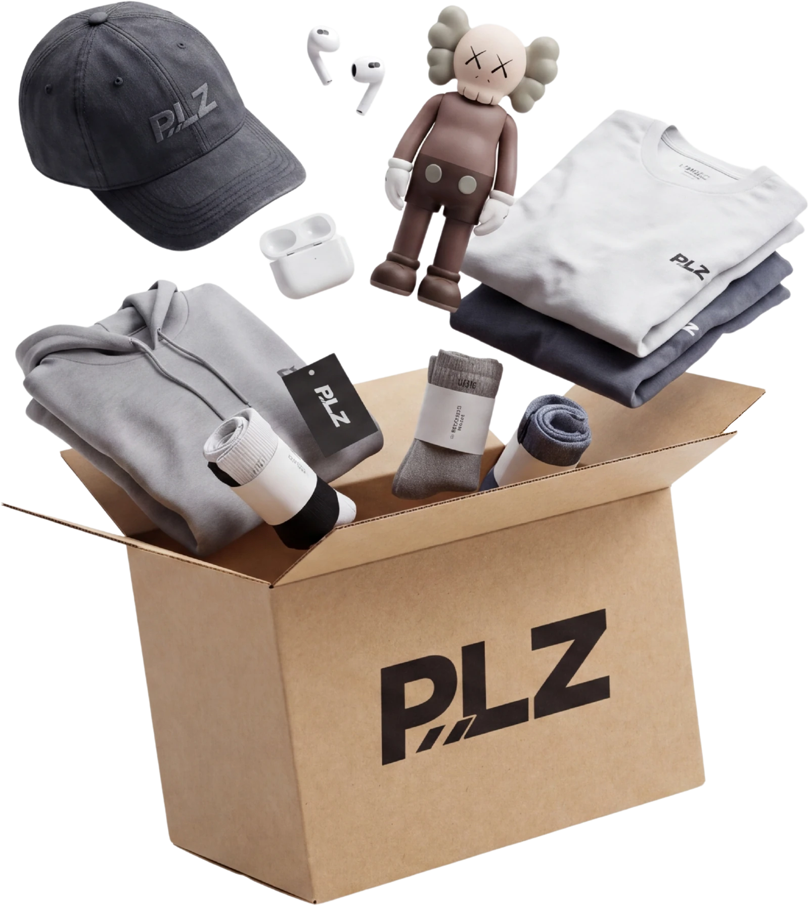 Carton PLZ ouvert d'où s'échappent casquette, AirPods, t-shirts, sweat et chaussettes / An open PLZ box with a cap, AirPods, t-shirts, a hoodie and socks flying out / PLZ 纸箱敞开，帽子、AirPods、T恤、卫衣和袜子飞出